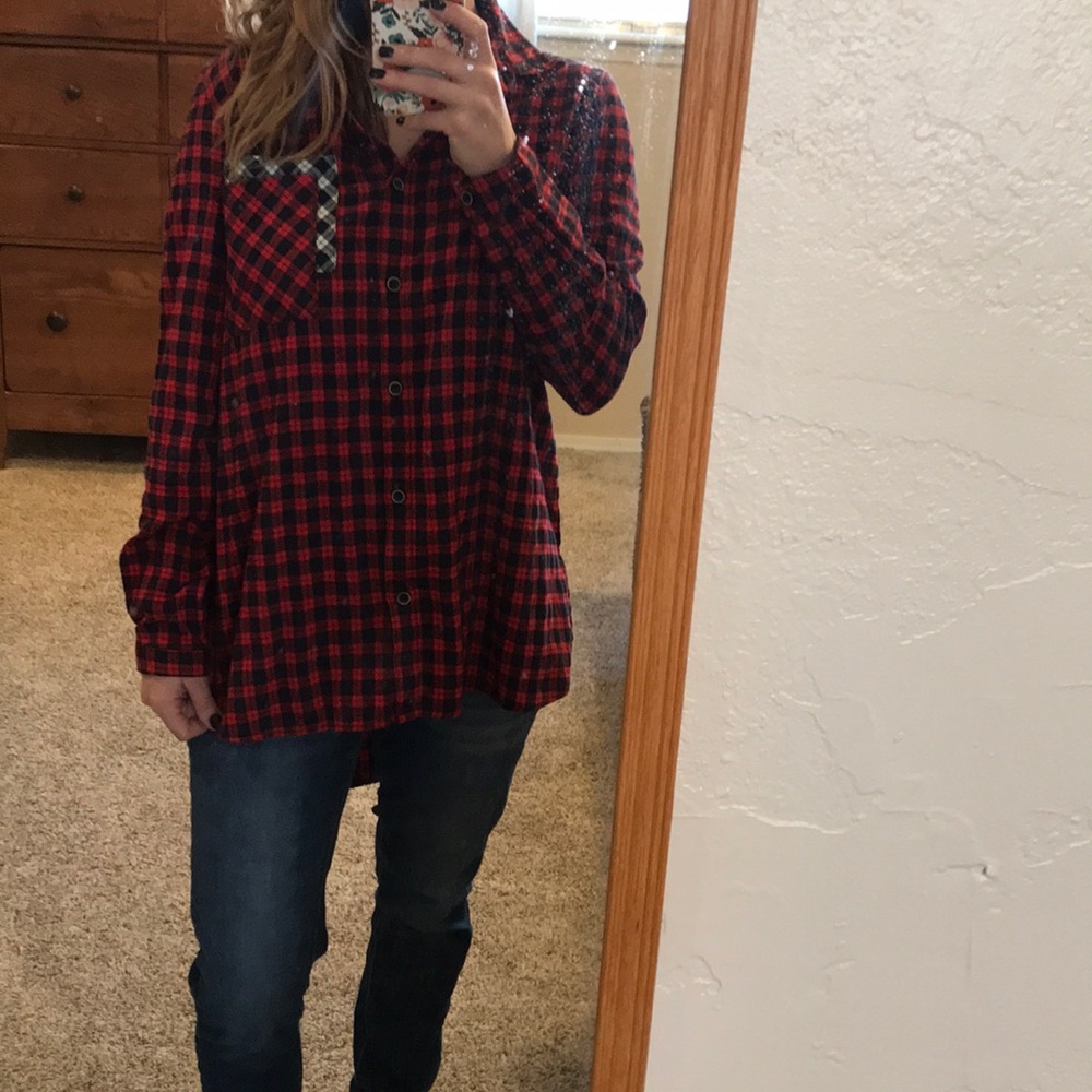 Navy blue and red checkered shirt